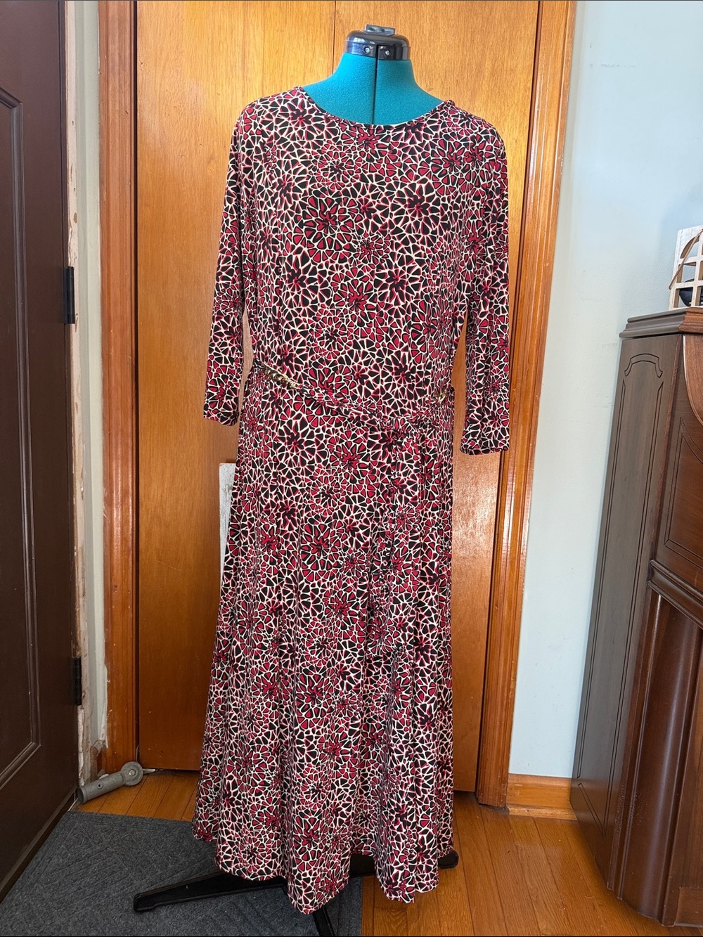 3/4 Sleeve Red Floral Print Maxi Dress with Tie Waist